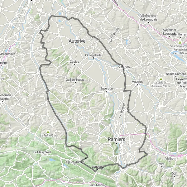 Zemljevid v pomanjšavi "Pustolovska kolesarska pot preko Auragne, Aignes, La Bastide-de-Lordat in Coussa" kolesarske inspiracije v Midi-Pyrénées, France. Generirano z načrtovalcem kolesarskih poti Tarmacs.app