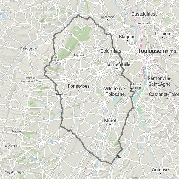 Map miniature of "Beaumont-sur-Lèze Loop" cycling inspiration in Midi-Pyrénées, France. Generated by Tarmacs.app cycling route planner