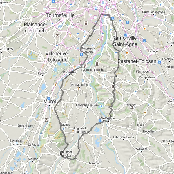 Zemljevid v pomanjšavi "Kolesarska pot preko Eaunes, Saubens, Portet-sur-Garonne in Pechbusque" kolesarske inspiracije v Midi-Pyrénées, France. Generirano z načrtovalcem kolesarskih poti Tarmacs.app