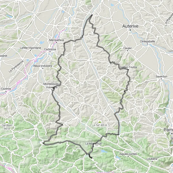 Kartminiatyr av "Berg- og dalbane i Sør-Frankrike" sykkelinspirasjon i Midi-Pyrénées, France. Generert av Tarmacs.app sykkelrutoplanlegger