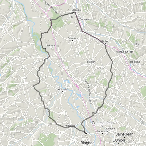 Karttaminiaatyyri "Verdun-sur-Garonne Loop" pyöräilyinspiraatiosta alueella Midi-Pyrénées, France. Luotu Tarmacs.app pyöräilyreittisuunnittelijalla