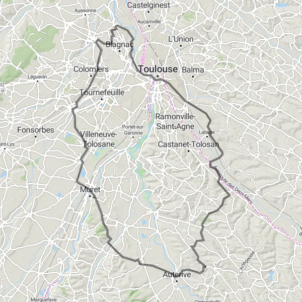 Miniatua del mapa de inspiración ciclista "Ruta por Toulouse y sus alrededores" en Midi-Pyrénées, France. Generado por Tarmacs.app planificador de rutas ciclistas