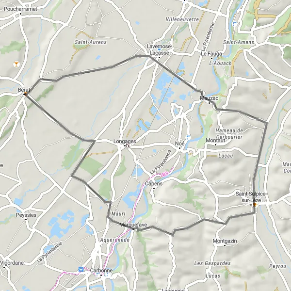 Miniatura mapy "Trasa Lavernose-Lacasse - Saint-Sulpice-sur-Lèze" - trasy rowerowej w Midi-Pyrénées, France. Wygenerowane przez planer tras rowerowych Tarmacs.app