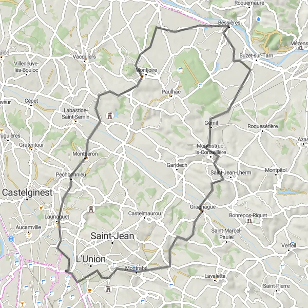 Mapa miniatúra "Cyklotrasa cez Buzet-sur-Tarn a Montjoire" cyklistická inšpirácia v Midi-Pyrénées, France. Vygenerované cyklistickým plánovačom trás Tarmacs.app