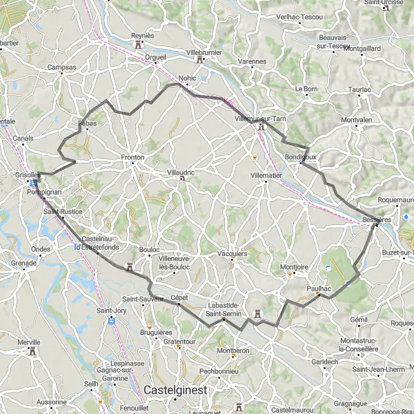 Mapa miniatúra "Okruh cez Castelnau-d'Estrétefonds a Bondigoux" cyklistická inšpirácia v Midi-Pyrénées, France. Vygenerované cyklistickým plánovačom trás Tarmacs.app