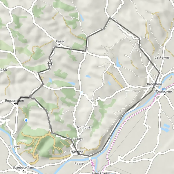 Map miniature of "Grazac Loop" cycling inspiration in Midi-Pyrénées, France. Generated by Tarmacs.app cycling route planner