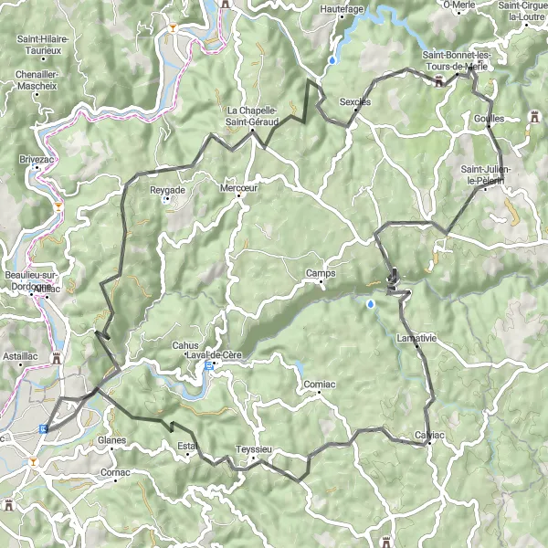 Map miniature of "The Peak of the Corrèze" cycling inspiration in Midi-Pyrénées, France. Generated by Tarmacs.app cycling route planner