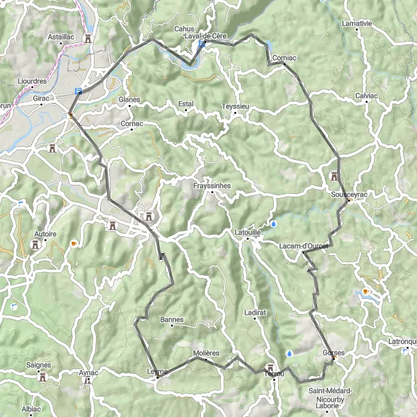 Map miniature of "The Rocks of Biars-sur-Cère" cycling inspiration in Midi-Pyrénées, France. Generated by Tarmacs.app cycling route planner