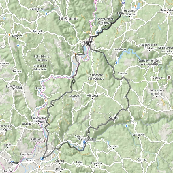 Miniaturní mapa "Kolem horských vesnic" inspirace pro cyklisty v oblasti Midi-Pyrénées, France. Vytvořeno pomocí plánovače tras Tarmacs.app