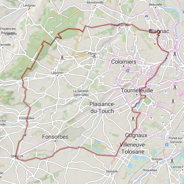 Map miniature of "Blagnac Gravel Adventure" cycling inspiration in Midi-Pyrénées, France. Generated by Tarmacs.app cycling route planner
