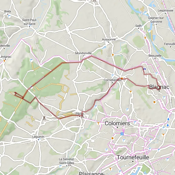 Map miniature of "Scenic Gravel Ride to Pibrac" cycling inspiration in Midi-Pyrénées, France. Generated by Tarmacs.app cycling route planner