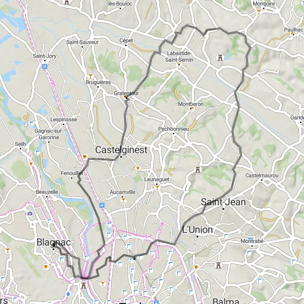 Map miniature of "Castelginest and Beyond" cycling inspiration in Midi-Pyrénées, France. Generated by Tarmacs.app cycling route planner