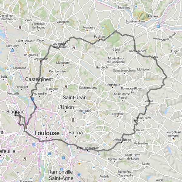 Karttaminiaatyyri "Blagnac-Toulouse-Drémil-Lafage-Gratentour-Azas Cycling Route" pyöräilyinspiraatiosta alueella Midi-Pyrénées, France. Luotu Tarmacs.app pyöräilyreittisuunnittelijalla