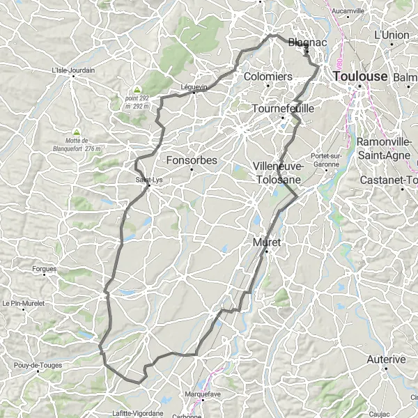 Miniature de la carte de l'inspiration cycliste "Le Tour des Villages du Sud-Ouest de Toulouse" dans la Midi-Pyrénées, France. Générée par le planificateur d'itinéraire cycliste Tarmacs.app