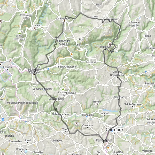 Miniatuurkaart van de fietsinspiratie "Uitdagende tocht naar Jouqueviel" in Midi-Pyrénées, France. Gemaakt door de Tarmacs.app fietsrouteplanner