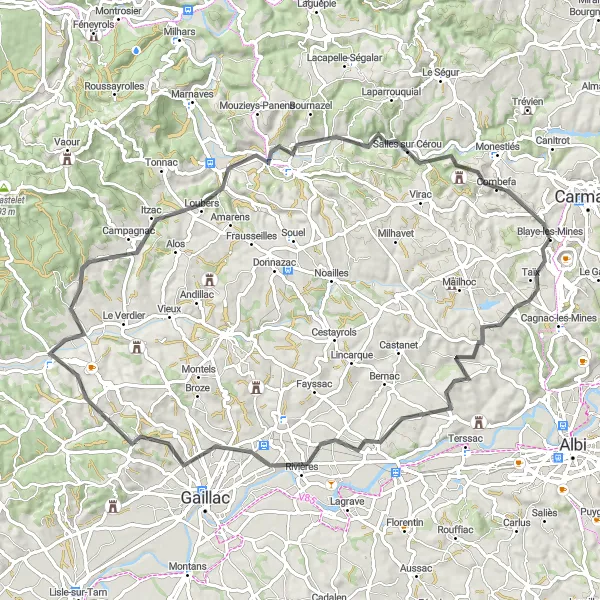 Miniatuurkaart van de fietsinspiratie "Avontuurlijke rit naar Cordes-sur-Ciel" in Midi-Pyrénées, France. Gemaakt door de Tarmacs.app fietsrouteplanner