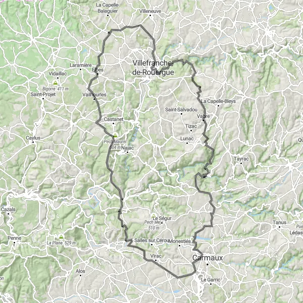 Kartminiatyr av "Långa vägen till Villefranche-de-Rouergue" cykelinspiration i Midi-Pyrénées, France. Genererad av Tarmacs.app cykelruttplanerare