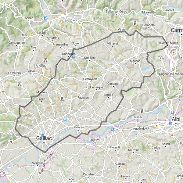 Miniature de la carte de l'inspiration cycliste "Tour de Blaye-les-Mines" dans la Midi-Pyrénées, France. Générée par le planificateur d'itinéraire cycliste Tarmacs.app