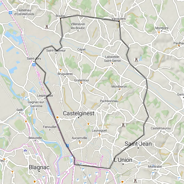 Kartminiatyr av "Bouloc till Bazus cykelväg" cykelinspiration i Midi-Pyrénées, France. Genererad av Tarmacs.app cykelruttplanerare
