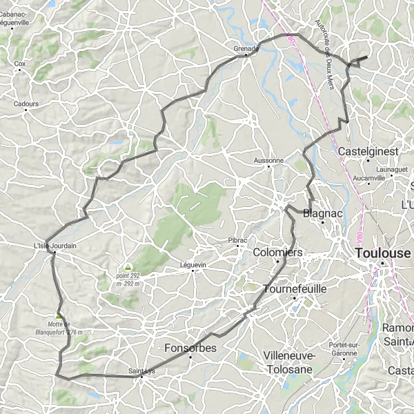 Mapa miniatúra "Výlet okolo Airbusu A320 a Château de Villefranche" cyklistická inšpirácia v Midi-Pyrénées, France. Vygenerované cyklistickým plánovačom trás Tarmacs.app