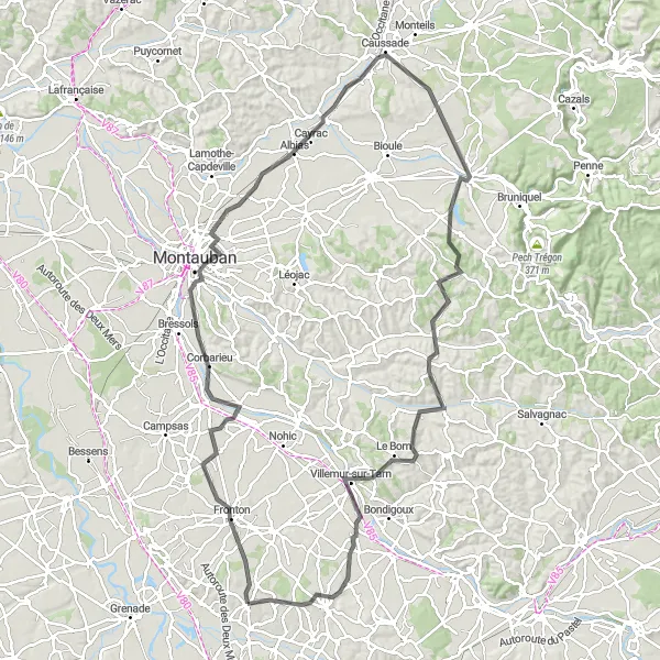 Miniaturní mapa "Kolem Montauban" inspirace pro cyklisty v oblasti Midi-Pyrénées, France. Vytvořeno pomocí plánovače tras Tarmacs.app