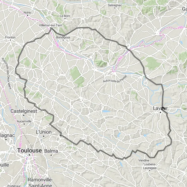 Zemljevid v pomanjšavi "Okrožnica iz Bouloca do Villemur-sur-Tarn in nazaj" kolesarske inspiracije v Midi-Pyrénées, France. Generirano z načrtovalcem kolesarskih poti Tarmacs.app