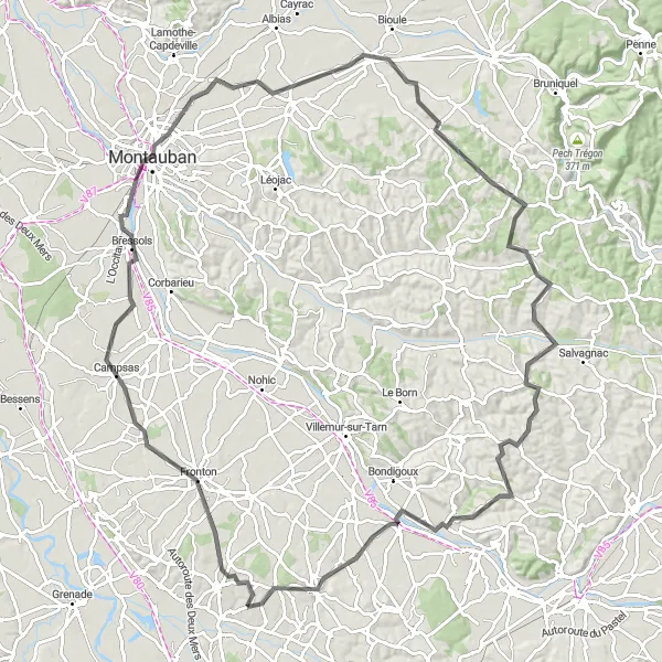 Miniaturní mapa "Cyklistická trasa Fronton - Bressols - Nègrepelisse - Vaïssac - La Sauzière-Saint-Jean - Vacquiers" inspirace pro cyklisty v oblasti Midi-Pyrénées, France. Vytvořeno pomocí plánovače tras Tarmacs.app