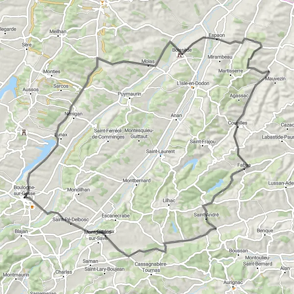 Miniaturní mapa "Okružní cyklistická trasa kolem Boulogne-sur-Gesse" inspirace pro cyklisty v oblasti Midi-Pyrénées, France. Vytvořeno pomocí plánovače tras Tarmacs.app