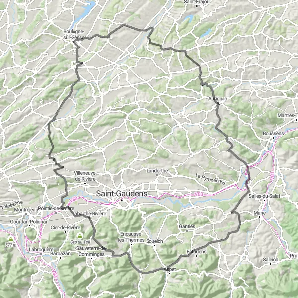 Kartminiatyr av "Historisk rundtur från Boulogne-sur-Gesse till Montmaurin" cykelinspiration i Midi-Pyrénées, France. Genererad av Tarmacs.app cykelruttplanerare