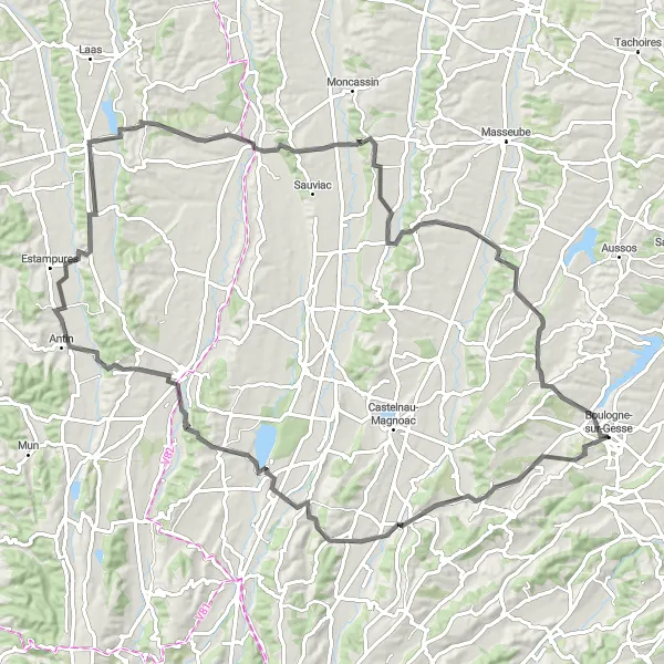 Miniatuurkaart van de fietsinspiratie "Boulogne-sur-Gesse Road Cycling Route" in Midi-Pyrénées, France. Gemaakt door de Tarmacs.app fietsrouteplanner