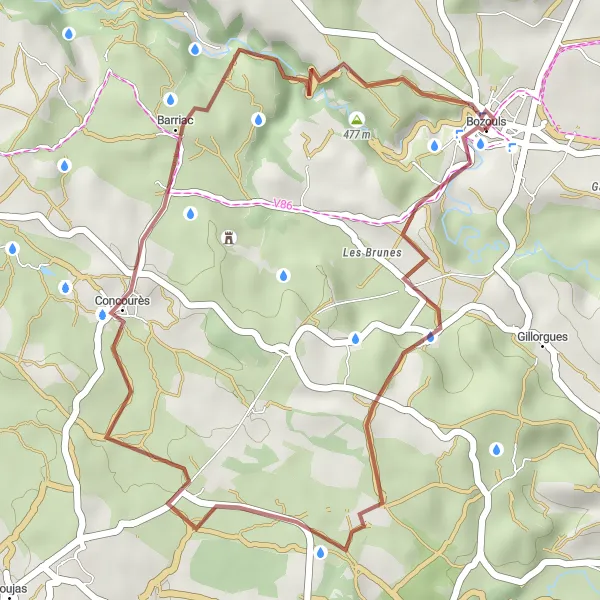 Mapa miniatúra "Gravel Route Bozouls - Concourès" cyklistická inšpirácia v Midi-Pyrénées, France. Vygenerované cyklistickým plánovačom trás Tarmacs.app