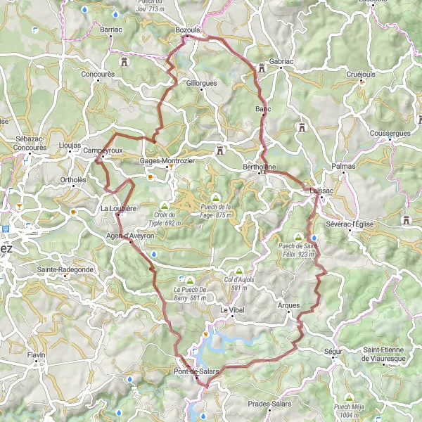 Map miniature of "Scenic Gravel Tour of Bozouls" cycling inspiration in Midi-Pyrénées, France. Generated by Tarmacs.app cycling route planner