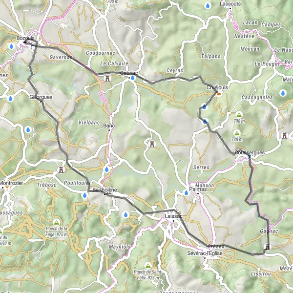 Mapa miniatúra "Cyklotrasa pre športovcov okolo Bozouls" cyklistická inšpirácia v Midi-Pyrénées, France. Vygenerované cyklistickým plánovačom trás Tarmacs.app