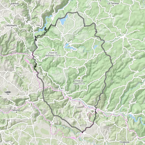 Mapa miniatúra "Okruh na ceste okolo Bozouls" cyklistická inšpirácia v Midi-Pyrénées, France. Vygenerované cyklistickým plánovačom trás Tarmacs.app