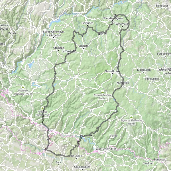 Mapa miniatúra "Epic Road Adventure near Bozouls" cyklistická inšpirácia v Midi-Pyrénées, France. Vygenerované cyklistickým plánovačom trás Tarmacs.app