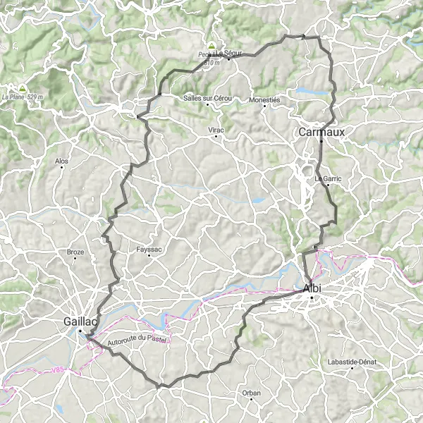 Karttaminiaatyyri "Brens Circuit: Historical Castles and Scenic Views" pyöräilyinspiraatiosta alueella Midi-Pyrénées, France. Luotu Tarmacs.app pyöräilyreittisuunnittelijalla