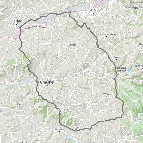 Miniatua del mapa de inspiración ciclista "Ruta de los Valles del Tarn" en Midi-Pyrénées, France. Generado por Tarmacs.app planificador de rutas ciclistas