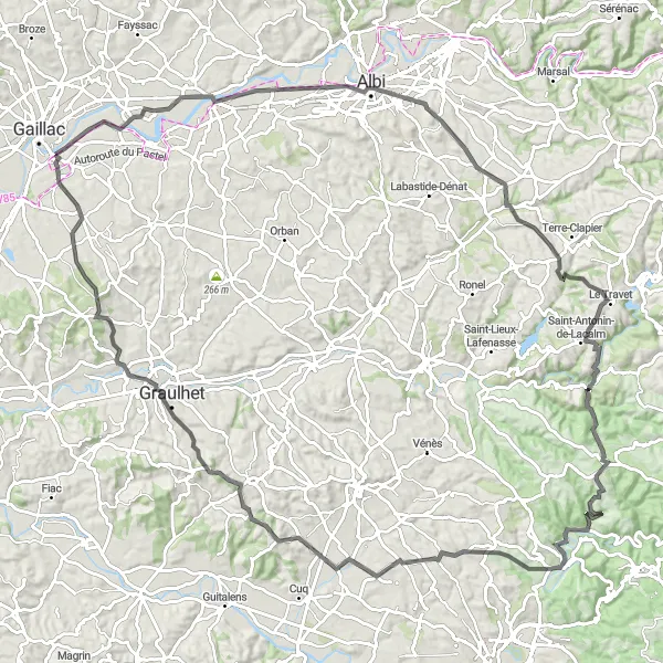 Kartminiatyr av "Rundtur gjennom Albi og Graulhet" sykkelinspirasjon i Midi-Pyrénées, France. Generert av Tarmacs.app sykkelrutoplanlegger