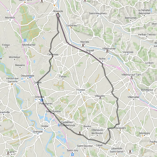 Zemljevid v pomanjšavi "Bressols - Castelnau-d'Estrétefonds - Campsas - Bressols" kolesarske inspiracije v Midi-Pyrénées, France. Generirano z načrtovalcem kolesarskih poti Tarmacs.app