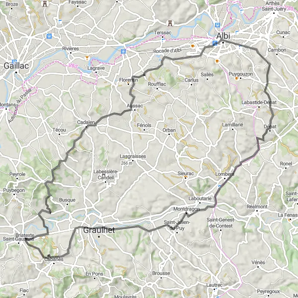 Map miniature of "Briatexte - Cadalen - Belvédère du Pont-Vieux - Albi - Lombers - Graulhet - Briatexte Cycling Route" cycling inspiration in Midi-Pyrénées, France. Generated by Tarmacs.app cycling route planner