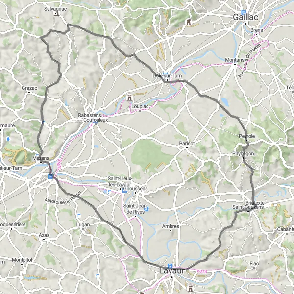 Miniaturní mapa "Cyklostezka kolem Briatexte s výstupem 639 m a délkou 72 km" inspirace pro cyklisty v oblasti Midi-Pyrénées, France. Vytvořeno pomocí plánovače tras Tarmacs.app