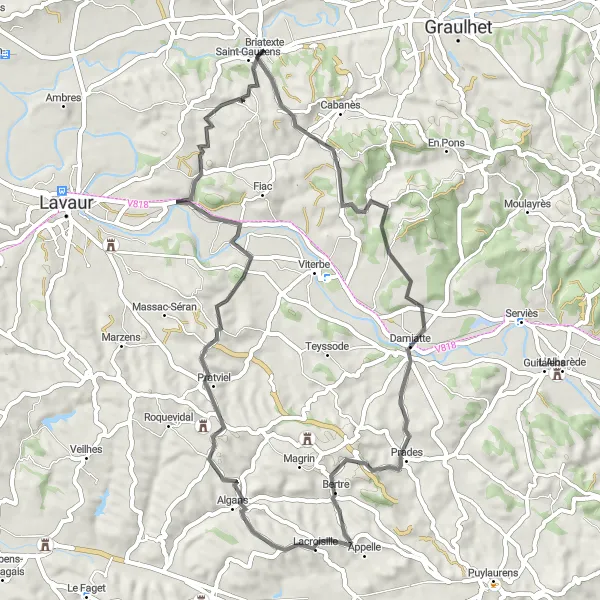 Kartminiatyr av "Briatexte-Saint-Paul-Cap-de-Joux-Saint-Gauzens Sykkeltur" sykkelinspirasjon i Midi-Pyrénées, France. Generert av Tarmacs.app sykkelrutoplanlegger