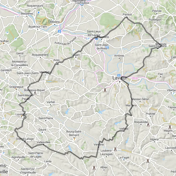 Kartminiatyr av "En 98 km lang landeveissykkeltur med Benediktinerkloster i Azas og Bonrepos-Riquet slott" sykkelinspirasjon i Midi-Pyrénées, France. Generert av Tarmacs.app sykkelrutoplanlegger