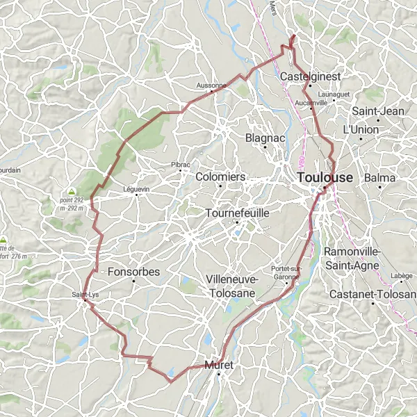 Kartminiatyr av "Grusvei-eventyr rundt Toulouse" sykkelinspirasjon i Midi-Pyrénées, France. Generert av Tarmacs.app sykkelrutoplanlegger