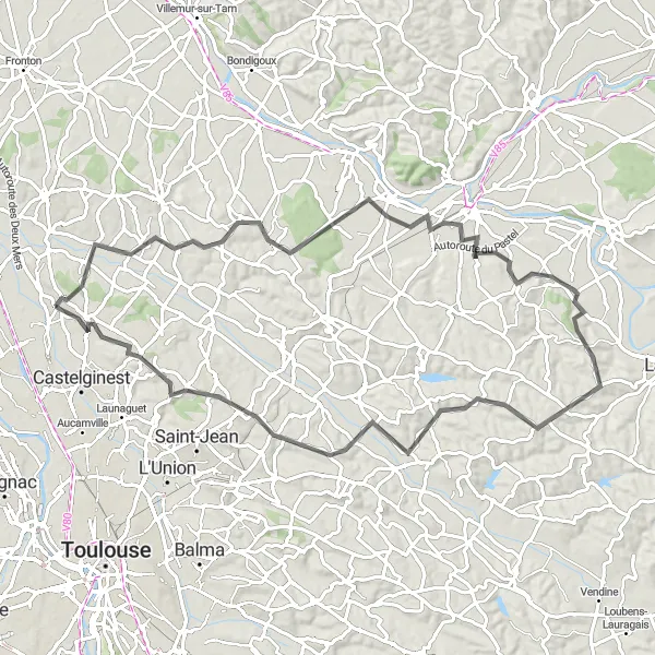 Miniatua del mapa de inspiración ciclista "Ruta de ciclismo por carretera alrededor de Bruguières" en Midi-Pyrénées, France. Generado por Tarmacs.app planificador de rutas ciclistas