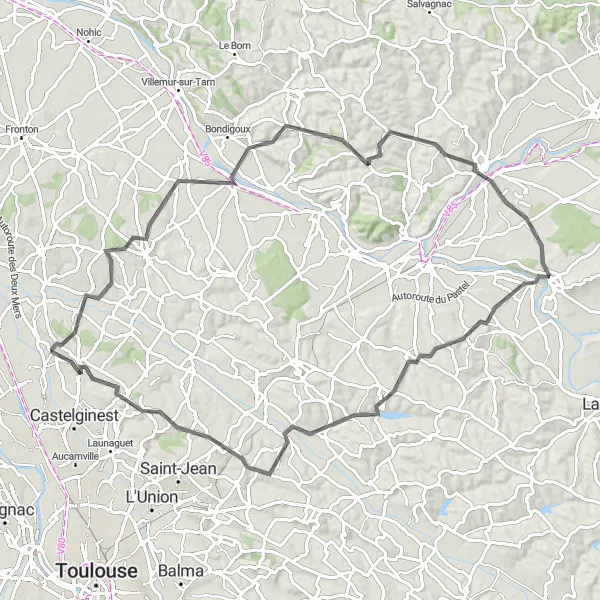 Miniaturní mapa "Trasa kolem Bruguières - Gratentour" inspirace pro cyklisty v oblasti Midi-Pyrénées, France. Vytvořeno pomocí plánovače tras Tarmacs.app