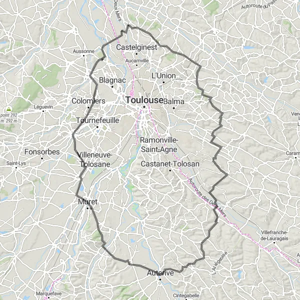 Mapa miniatúra "Zázračné zámky okolo Bruguières" cyklistická inšpirácia v Midi-Pyrénées, France. Vygenerované cyklistickým plánovačom trás Tarmacs.app