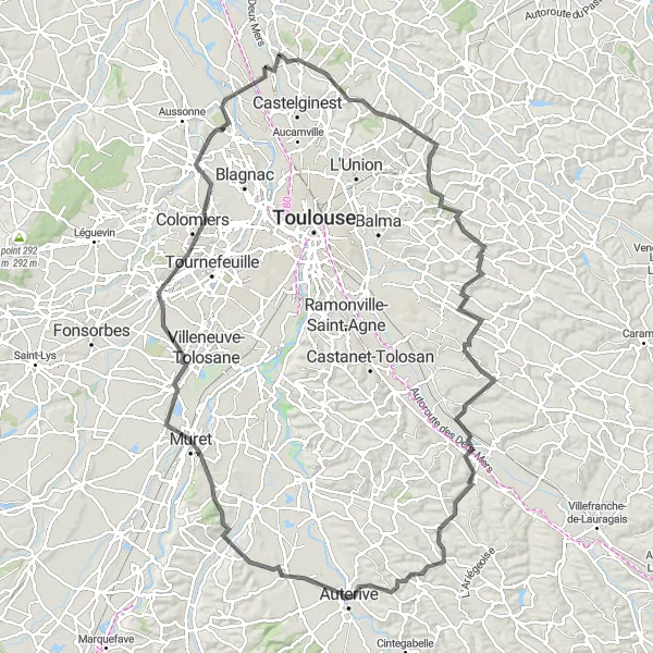 Miniatuurkaart van de fietsinspiratie "Uitdagende fietsroute van Bruguières naar Cornebarrieu via Castelmaurou, Drémil-Lafage, Sainte-Foy-d'Aigrefeuille, Ayguesvives, Auterive, Eaunes, Plaisance-du-Touch en Gagnac-sur-Garonne" in Midi-Pyrénées, France. Gemaakt door de Tarmacs.app fietsrouteplanner