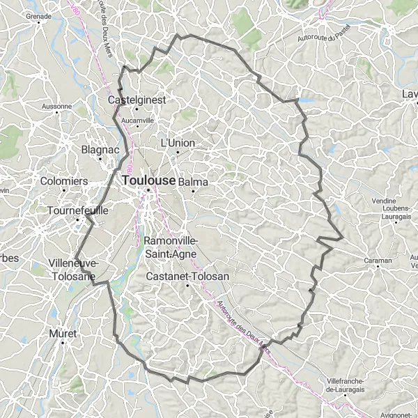 Miniaturní mapa "Trasa kolem Bruguières - Saint-Alban" inspirace pro cyklisty v oblasti Midi-Pyrénées, France. Vytvořeno pomocí plánovače tras Tarmacs.app