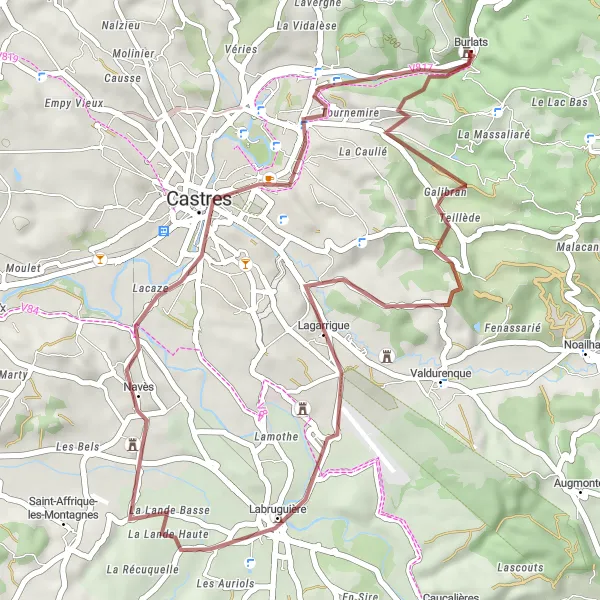 Miniaturní mapa "Trasa okolo Burlats" inspirace pro cyklisty v oblasti Midi-Pyrénées, France. Vytvořeno pomocí plánovače tras Tarmacs.app